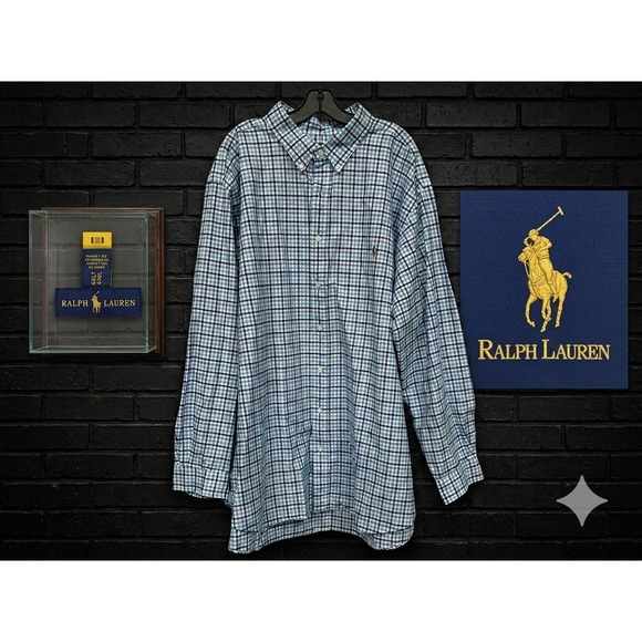 🤑Ralph Lauren Mens🚨4XLT Plaid Button Down Shirt Blue Teal Long Sleeve $110